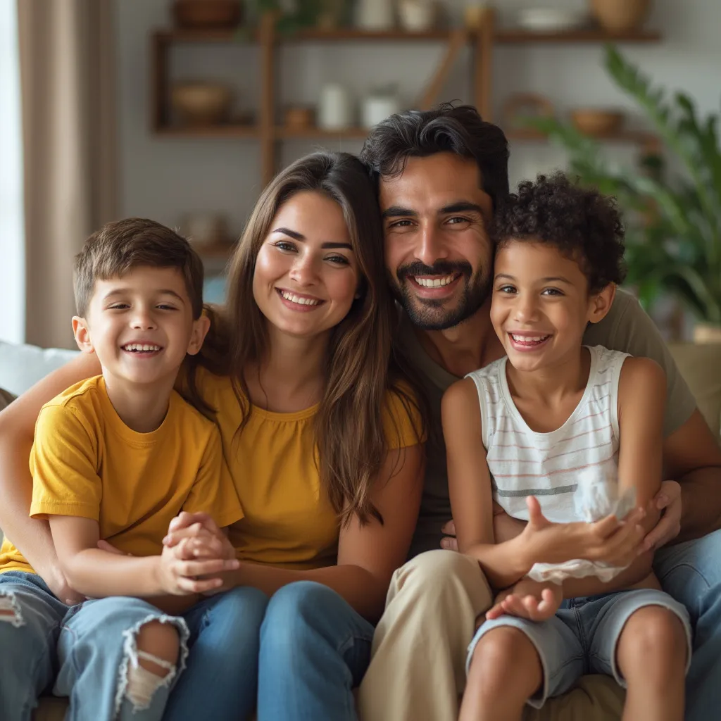 Família brasileira sorrindo, simbolizando planejamento financeiro bem-sucedido
