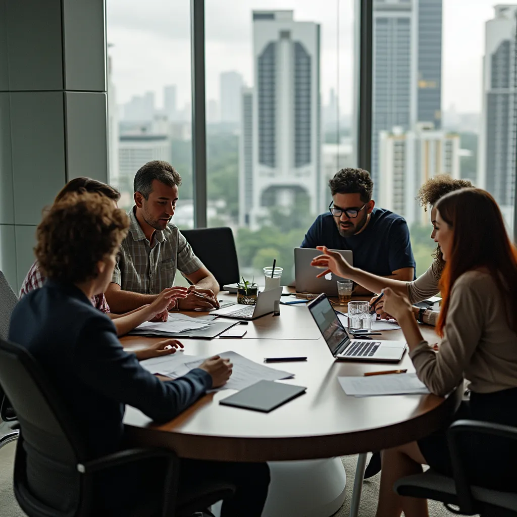 Equipe de consultores financeiros discutindo estratégias em um escritório moderno no Brasil
